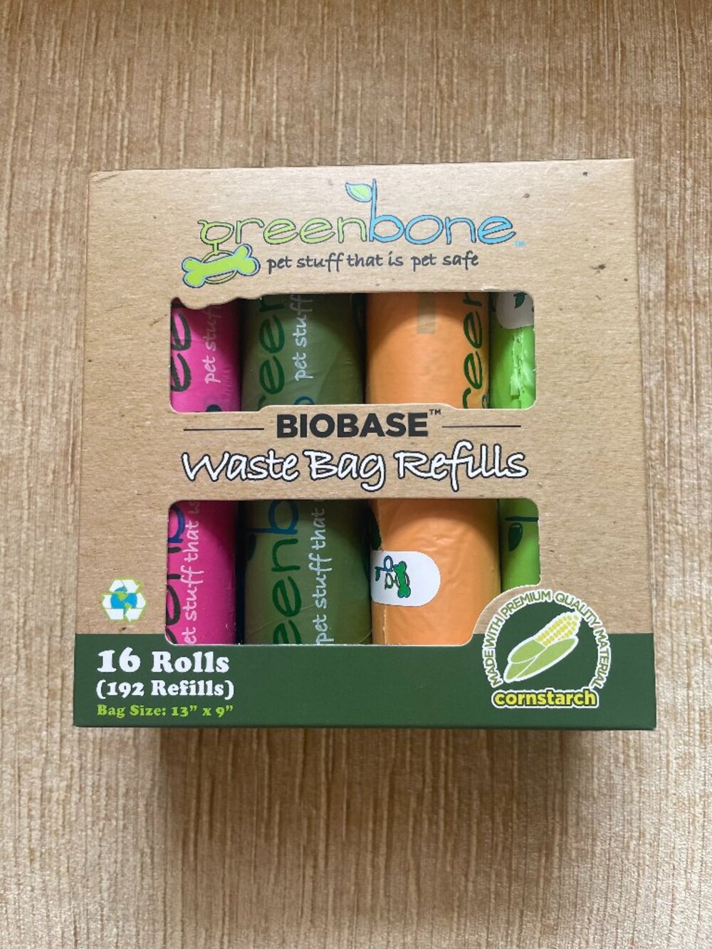 Green Bone Dogs Pets Waste Bags Biobase Cornstarch Leak Odor Proof 16 Rolls